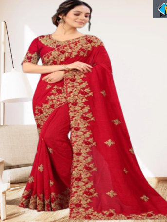 এক্সক্লুসিভ ইন্ডিয়ান ওয়েটলেস জর্জেট লাল এমব্রয়ডারি করা পার্টি শাড়ি