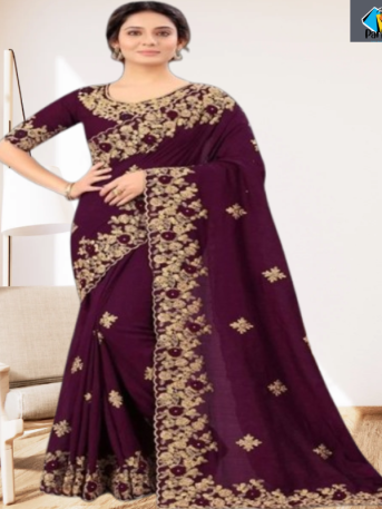 এক্সক্লুসিভ ইন্ডিয়ান ওয়েটলেস জর্জেট পার্পেল এমব্রয়ডারি করা পার্টি শাড়ি