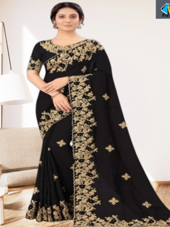 এক্সক্লুসিভ ইন্ডিয়ান ওয়েটলেস জর্জেট কালো এমব্রয়ডারি করা পার্টি শাড়ি