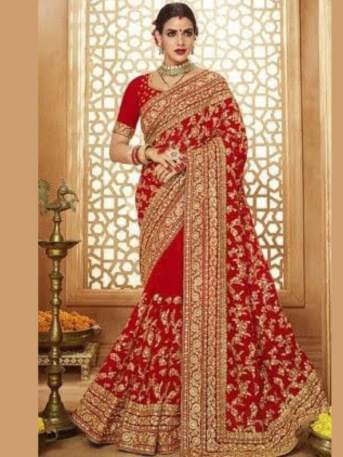 এক্সক্লুসিভ ইন্ডিয়ান ওয়েটলেস জর্জেট লাল এমব্রয়ডারি করা পার্টি শাড়ি