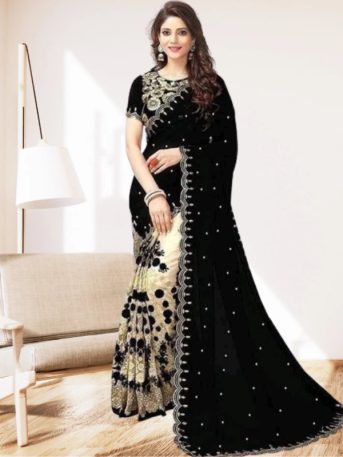 এক্সক্লুসিভ ইন্ডিয়ান ওয়েটলেস জর্জেট  কালো/বিস্কিট  এমব্রয়ডারি করা পার্টি শাড়ি