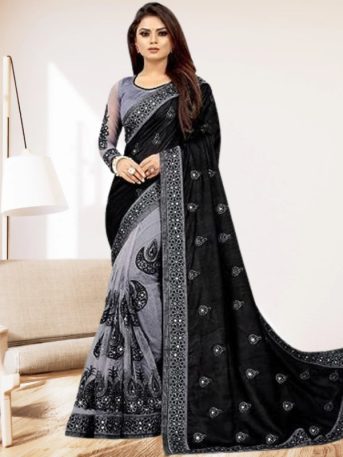 এক্সক্লুসিভ ইন্ডিয়ান ওয়েটলেস জর্জেট কালো /অ্যাশ এমব্রয়ডারি করা পার্টি শাড়ি