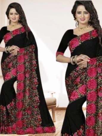 এক্সক্লুসিভ ইন্ডিয়ান ওয়েটলেস জর্জেট কালো এমব্রয়ডারি করা পার্টি শাড়ি