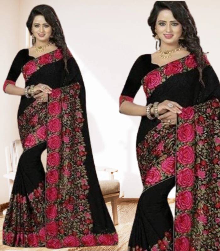 এক্সক্লুসিভ ইন্ডিয়ান ওয়েটলেস জর্জেট কালো এমব্রয়ডারি করা পার্টি শাড়ি