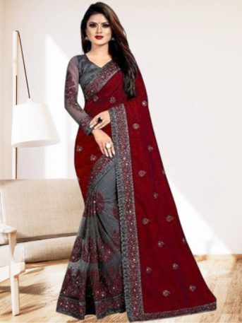 এক্সক্লুসিভ ইন্ডিয়ান ওয়েটলেস জর্জেট মেরুন/অ্যাশ এমব্রয়ডারি করা পার্টি শাড়ি