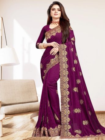 এক্সক্লুসিভ ইন্ডিয়ান বিচিত্রা সিল্ক পার্পেল এমব্রয়ডারি কাজ করা পার্টি শাড়ি