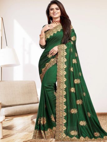 এক্সক্লুসিভ ইন্ডিয়ান ইন্ডিয়ান বিচিত্রা সিল্ক সবুজ এমব্রয়ডারি কাজ করা পার্টি শাড়ি