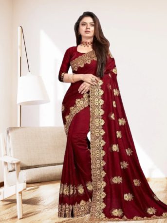 এক্সক্লুসিভ ইন্ডিয়ান বিচিত্রা সিল্ক মেরুন এমব্রয়ডারি কাজ করা পার্টি শাড়ি