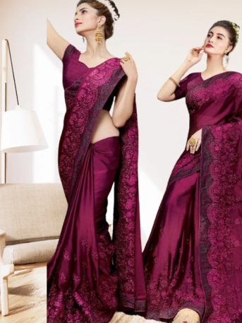 এক্সক্লুসিভ ইন্ডিয়ান ইন্ডিয়ান বিচিত্রা সিল্ক পার্পেল এমব্রয়ডারি কাজ করা পার্টি শাড়ি