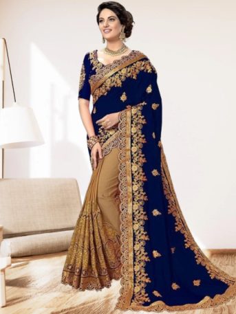 এক্সক্লুসিভ ইন্ডিয়ান ওয়েটলেস জর্জেট ব্লু/বিস্কুট এমব্রয়ডারি করা পার্টি  শাড়ি