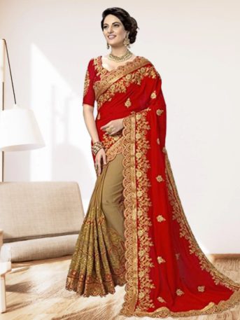 এক্সক্লুসিভ ইন্ডিয়ান ওয়েটলেস জর্জেট লাল/বিস্কুট এমব্রয়ডারি করা পার্টি  শাড়ি