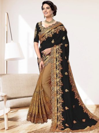 এক্সক্লুসিভ ইন্ডিয়ান ওয়েটলেস জর্জেট কালো/বিস্কিট এমব্রয়ডারি করা পার্টি শাড়ি