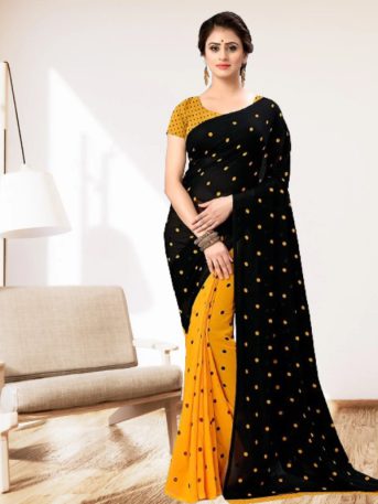 এক্সক্লুসিভ ইন্ডিয়ান ওয়েটলেস জর্জেট কালো/হলুদ  এমব্রয়ডারি করা পার্টি শাড়ি