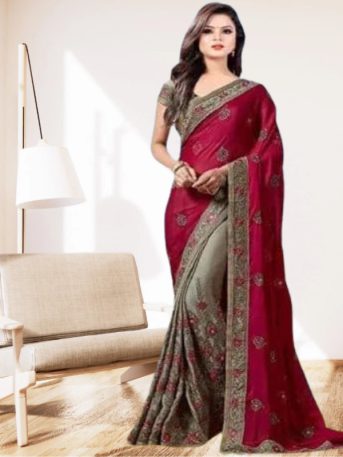 এক্সক্লুসিভ ইন্ডিয়ান ওয়েটলেস জর্জেট মেরুন/অ্যাশ এমব্রয়ডারি করা পার্টি শাড়ি