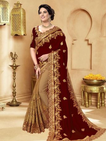 এক্সক্লুসিভ ইন্ডিয়ান ওয়েটলেস জর্জেট মেরুন/বিস্কুট এমব্রয়ডারি করা পার্টি শাড়ি