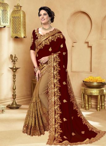 এক্সক্লুসিভ ইন্ডিয়ান ওয়েটলেস জর্জেট মেরুন/বিস্কুট এমব্রয়ডারি করা পার্টি শাড়ি