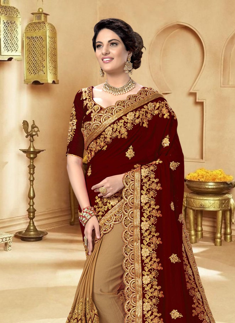 এক্সক্লুসিভ ইন্ডিয়ান ওয়েটলেস জর্জেট মেরুন/বিস্কুট এমব্রয়ডারি করা পার্টি শাড়ি - Image 2