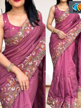 এক্সক্লুসিভ ইন্ডিয়ান বিচিত্রা সিল্ক পিয়াজ এমব্রয়ডারি কাজ করা পার্টি শাড়ি