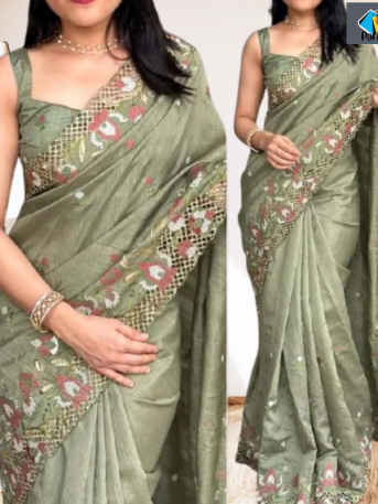 এক্সক্লুসিভ ইন্ডিয়ান বিচিত্রা সিল্ক ডাস্ট গ্রিন এমব্রয়ডারি কাজ করা পার্টি শাড়ি