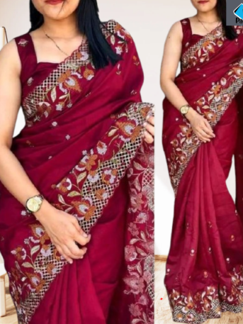 এক্সক্লুসিভ ইন্ডিয়ান বিচিত্রা সিল্ক মেরুন  এমব্রয়ডারি কাজ করা পার্টি শাড়ি