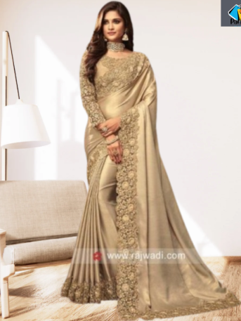 এক্সক্লুসিভ ইন্ডিয়ান বিচিত্রা সিল্ক কাপড়ের উপরে বিস্কুট এমব্রয়ডারি কাজ করা পার্টি শাড়ি