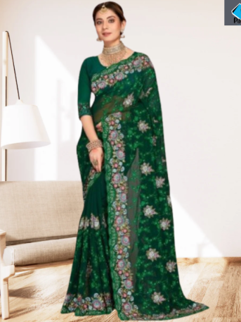 এক্সক্লুসিভ ইন্ডিয়ান ওয়েটলেস জর্জেট সবুজ এমব্রয়ডারি এবং স্টোন করা পার্টি শাড়ি