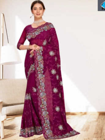 এক্সক্লুসিভ ইন্ডিয়ান ওয়েটলেস জর্জেট গাঢ় বেগুনি এমব্রয়ডারি এবং স্টোন করা পার্টি শাড়ি