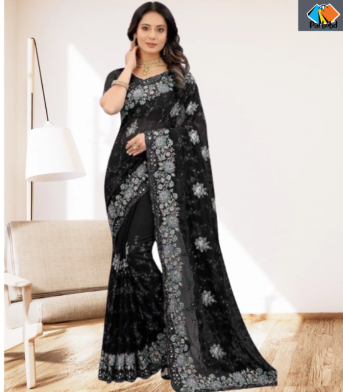 এক্সক্লুসিভ ইন্ডিয়ান ওয়েটলেস জর্জেট কালো এমব্রয়ডারি এবং স্টোন করা পার্টি শাড়ি