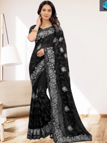 এক্সক্লুসিভ ইন্ডিয়ান ওয়েটলেস জর্জেট কালো এমব্রয়ডারি এবং স্টোন করা পার্টি শাড়ি