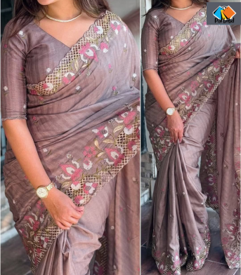 এক্সক্লুসিভ ইন্ডিয়ান বিচিত্রা সিল্ক হালকা বেগুনি এমব্রয়ডারি কাজ করা পার্টি শাড়ি