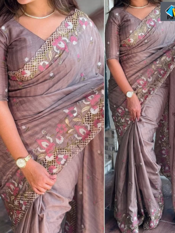 এক্সক্লুসিভ ইন্ডিয়ান বিচিত্রা সিল্ক হালকা বেগুনি এমব্রয়ডারি কাজ করা পার্টি শাড়ি