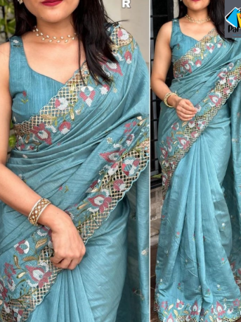 এক্সক্লুসিভ ইন্ডিয়ান বিচিত্রা সিল্ক পেস্ট এমব্রয়ডারি কাজ করা পার্টি শাড়ি