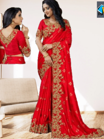 এক্সক্লুসিভ ইন্ডিয়ান ওয়েটলেস জর্জেট লাল এমব্রয়ডারি করা পার্টি শাড়ি