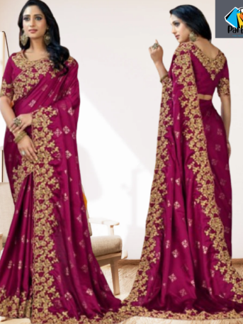 এক্সক্লুসিভ ইন্ডিয়ান বিচিত্রা সিল্ক কাপড়ের উপরে পার্পেল এমব্রয়ডারি কাজ করা পার্টি শাড়ি