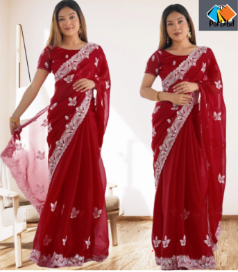 এক্সক্লুসিভ ইন্ডিয়ান ওয়েটলেস জর্জেট লাল এমব্রয়ডারি করা পার্টি শাড়ি