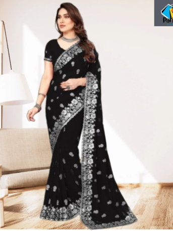 এক্সক্লুসিভ ইন্ডিয়ান ওয়েটলেস জর্জেট কালো এমব্রয়ডারি এবং স্টোন করা পার্টি শাড়ি