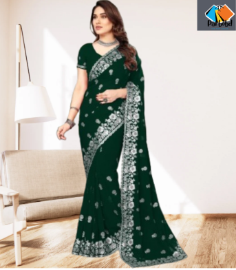 এক্সক্লুসিভ ইন্ডিয়ান ওয়েটলেস জর্জেট সবুজ এমব্রয়ডারি করা পার্টি শাড়ি