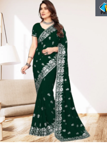 এক্সক্লুসিভ ইন্ডিয়ান ওয়েটলেস জর্জেট সবুজ এমব্রয়ডারি এবং স্টোন করা পার্টি শাড়ি