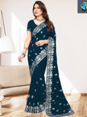 এক্সক্লুসিভ ইন্ডিয়ান ওয়েটলেস জর্জেট ব্লু এমব্রয়ডারি এবং স্টোন করা পার্টি শাড়ি