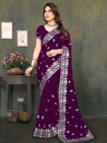 এক্সক্লুসিভ ইন্ডিয়ান ওয়েটলেস জর্জেট গাঢ় বেগুনি এমব্রয়ডারি এবং স্টোন করা পার্টি শাড়ি