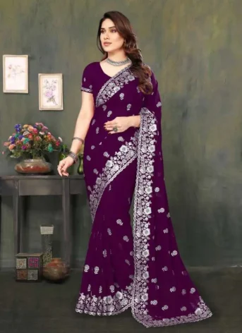 এক্সক্লুসিভ ইন্ডিয়ান ওয়েটলেস জর্জেট গাঢ় বেগুনি এমব্রয়ডারি এবং স্টোন করা পার্টি শাড়ি