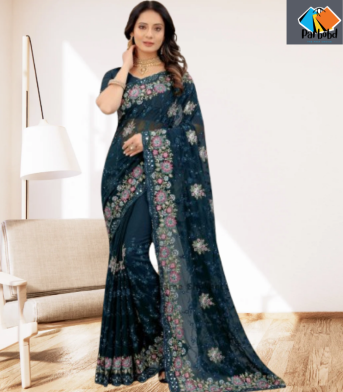 এক্সক্লুসিভ ইন্ডিয়ান ওয়েটলেস জর্জেট টরে এমব্রয়ডারি এবং স্টোন করা পার্টি শাড়ি