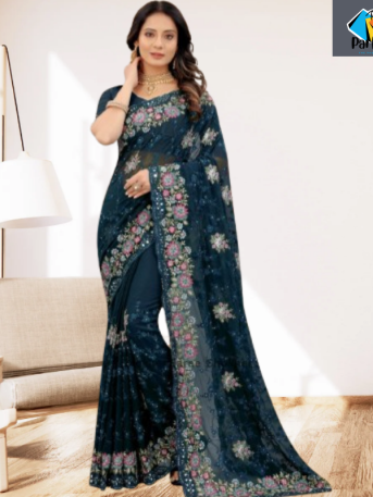 এক্সক্লুসিভ ইন্ডিয়ান ওয়েটলেস জর্জেট টরে এমব্রয়ডারি এবং স্টোন করা পার্টি শাড়ি