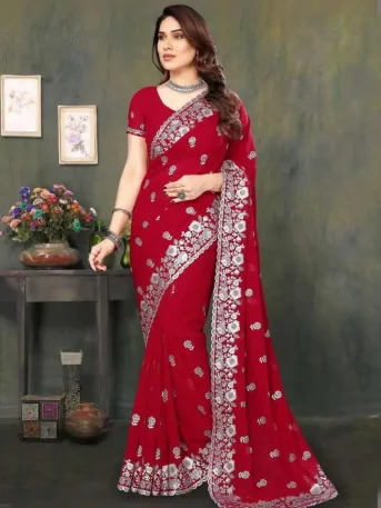 এক্সক্লুসিভ ইন্ডিয়ান ওয়েটলেস জর্জেট লাল এমব্রয়ডারি এবং স্টোন করা পার্টি শাড়ি