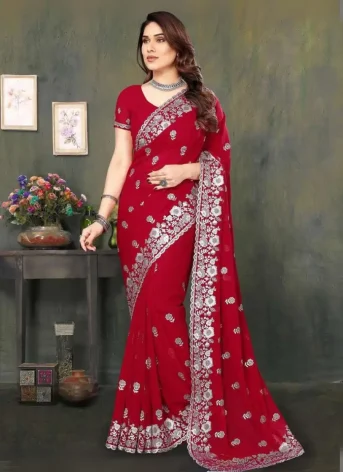 এক্সক্লুসিভ ইন্ডিয়ান ওয়েটলেস জর্জেট লাল এমব্রয়ডারি এবং স্টোন করা পার্টি শাড়ি