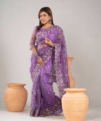 ইমপোর্টেড বেগুনী কালার ওয়েটলেস সফট অরগাঞ্জা ফেব্রিকের মধ্যে গর্জিয়াস এমব্রয়ডারি করা পার্টি শাড়ি