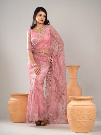 ইমপোর্টেড পিংক কালার ওয়েটলেস সফট অরগাঞ্জা ফেব্রিকের মধ্যে গর্জিয়াস এমব্রয়ডারি করা পার্টি শাড়ি