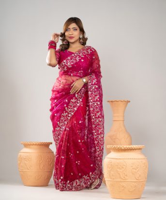 ইমপোর্টেড রানী গোলাপি ওয়েটলেস সফট অরগাঞ্জা ফেব্রিকের মধ্যে গর্জিয়াস এমব্রয়ডারি করা পার্টি শাড়ি