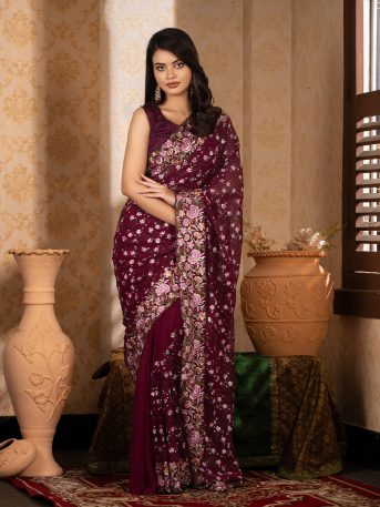 ইমপোর্টেড বেগুনী কালার ওয়েটলেস সফট জর্জেট ফেব্রিকের মধ্যে গর্জিয়াস এমব্রয়ডারি কাজ করা পার্টি শাড়ি।