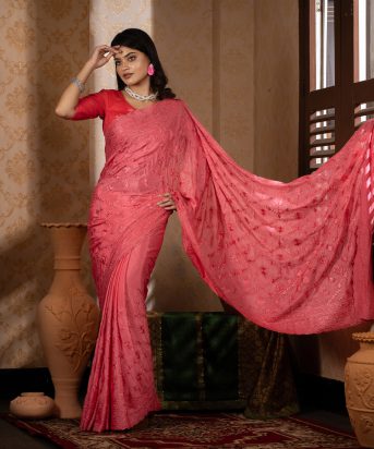 ইমপোর্টেড পিংক কালার ওয়েটলেস সফট চিনিগুড়া সিল্ক ফেব্রিক এর মধ্যে গর্জিয়াস এমব্রয়ডারি কাজ করা পার্টি শাড়ি